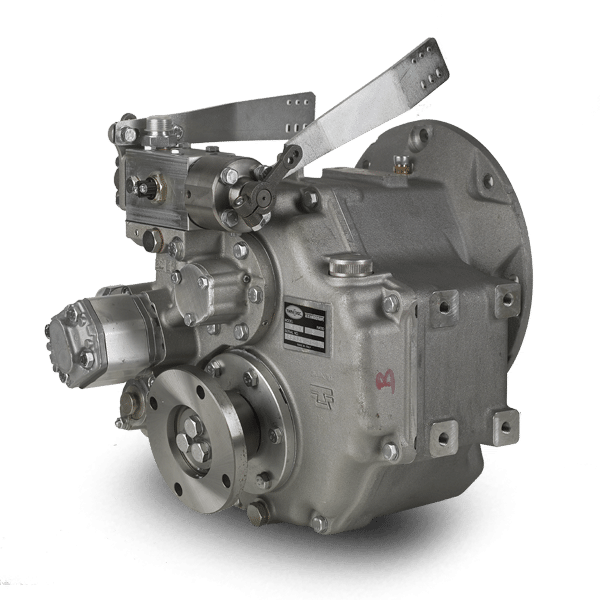 Twin Disc MG5025A marine transmission reduction gear inspected for oil condition, damper plate noise, and drivetrain vibration on inboard diesel vessel