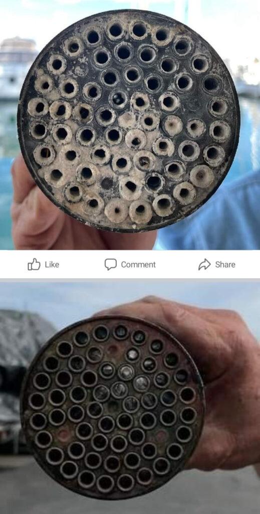 Marine diesel engine heat exchanger before and after cleaning in Ventura Harbor serviced by 805 Marine Diesel Mechanic