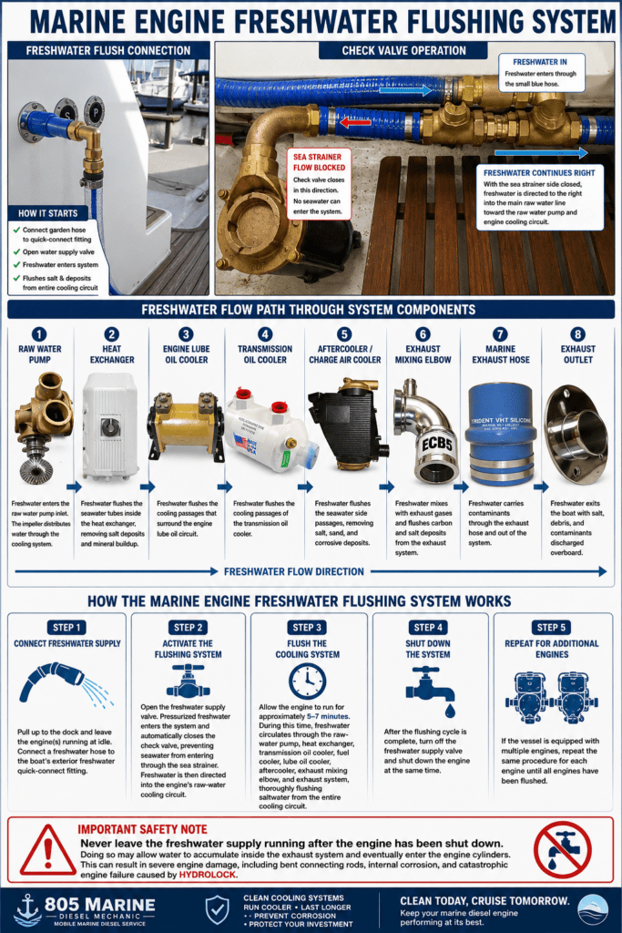 marine engine freshwater flushing system diagram showing exterior quick connect, check valve operation, raw water pump, heat exchanger, oil coolers, aftercooler, exhaust mixing elbow, and safety warning for diesel yachts in Ventura, Santa Barbara and Channel Islands Harbor. Custom Designed by 805 Marine Diesel Mechanic