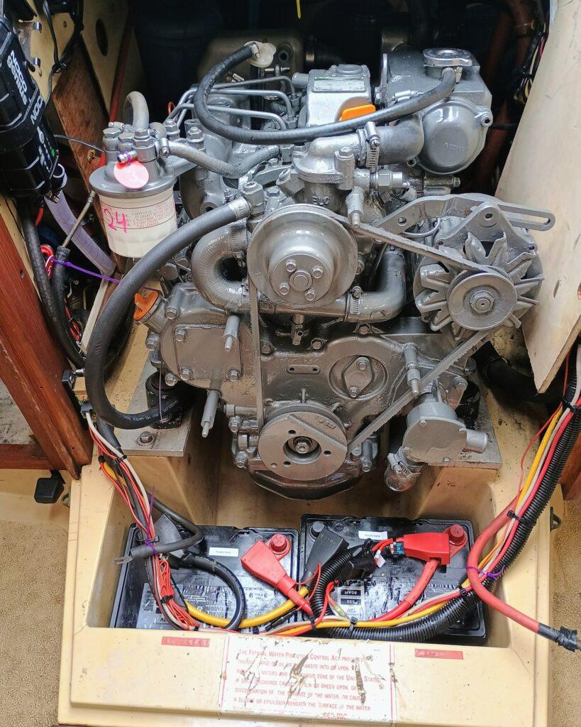 Completed Yanmar 3JH4E marine diesel service with rebuilt Borg Warner Velvet Drive and fresh protective paint Ventura California