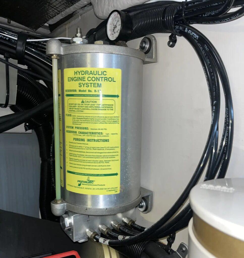Hynautic hydraulic system R-1 reservoir installed in marine engine room after service
