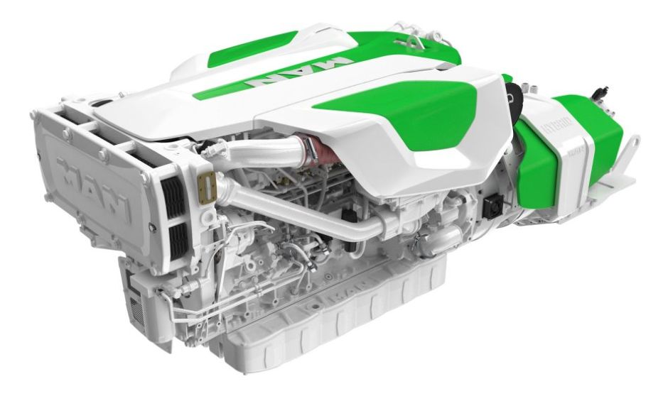 MAN Smart V12 marine hybrid propulsion system shown as a modern propulsion option for coastal boating