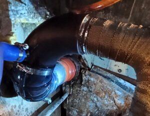 Completed Detroit Diesel 8V53T wet exhaust installation with new silicone hoses, fabricated piping and heat wrap