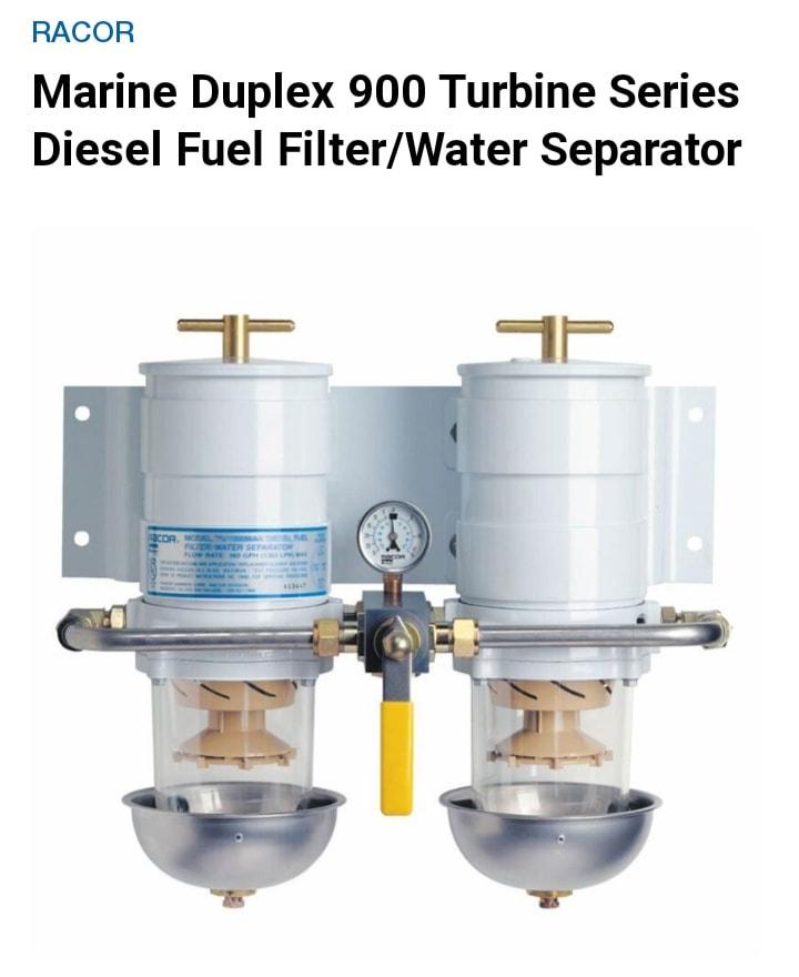 Racor Marine Duplex 900 turbine diesel fuel filter water separator system with dual housings and selector valve – ideal for offshore reliability out of Ventura and Santa Barbara