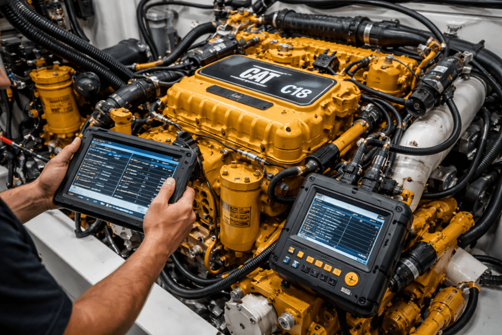 Computerized marine engine diagnostic survey using advanced scan tools performed by 805 Marine Diesel Mechanic Ventura Channel Islands Harbor engine inspection