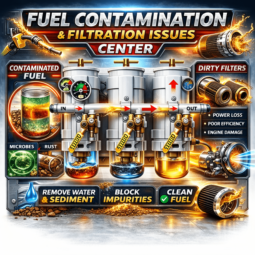 Marine Engine Low Power / Loss of RPM Center — marine diesel troubleshooting diagnostic center showing RPM gauge, warning indicators, and marine diesel engine used by 805 Marine Diesel Mechanic