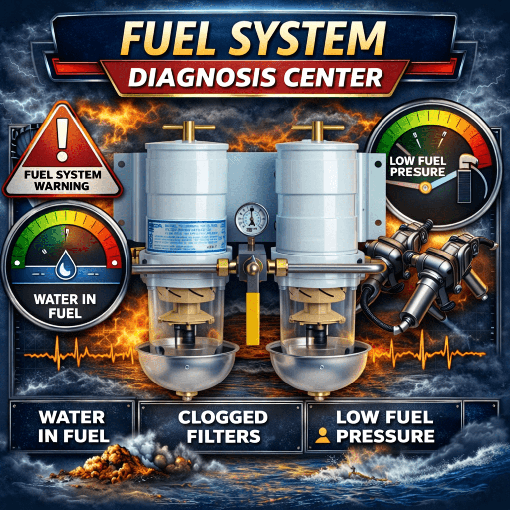 Marine diesel fuel system diagnosis showing Racor primary filter, secondary filter, lift pump and injection pump - serviced by 805 Marine Diesel Mechanic Ventura California
