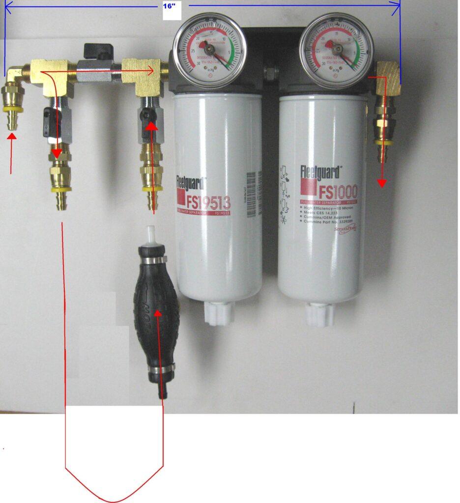Dual Fleetguard fuel filters with priming bulb and vacuum gauges demonstrating marine diesel fuel priming procedure by trained technician at 805 Marine Diesel Mechanic Channel Islands Harbor