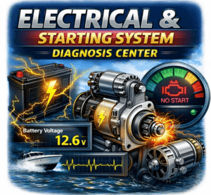Electrical & starting system diagnosis center for marine diesel engines showing battery voltage, starter motor, alternator charging, and no-start troubleshooting — 805 Marine Diesel Mechanic Ventura Oxnard Channel Islands Harbor Santa Barbara