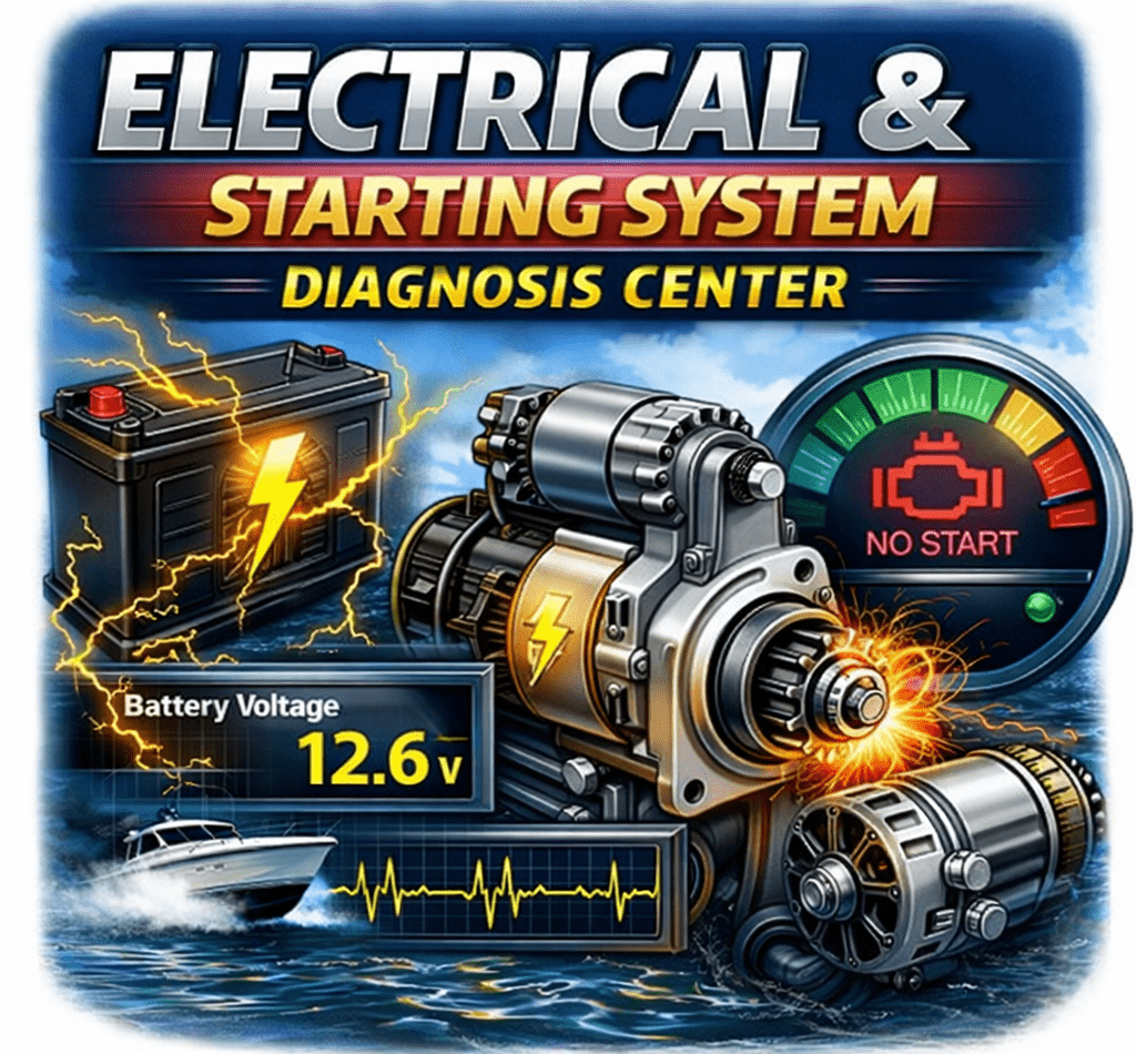 Electrical & starting system diagnosis center for marine diesel engines showing battery voltage, starter motor, alternator charging, and no-start troubleshooting — 805 Marine Diesel Mechanic Ventura Oxnard Channel Islands Harbor Santa Barbara