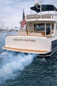 Grand Banks yacht producing blue smoke while running during marine diesel diagnosis by 805 Marine Diesel Mechanic in Ventura California
