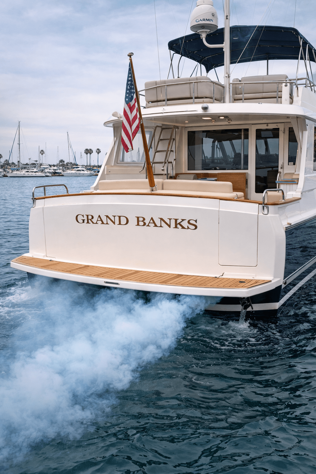 Grand Banks yacht producing blue smoke while running during marine diesel diagnosis by 805 Marine Diesel Mechanic in Ventura California