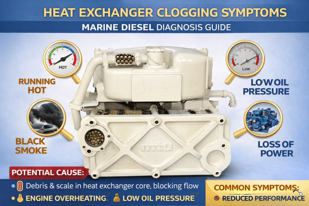 Marine diesel engine heat exchanger plate style before and after cleaning showing clogging symptoms and restored flow serviced by trained technician at 805 Marine Diesel Mechanic Ventura Channel Islands Harbor Santa Barbara