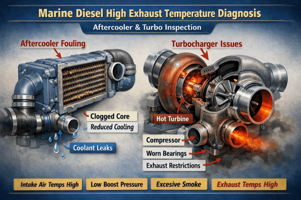Marine diesel high exhaust temperature diagnosis showing aftercooler and turbo inspection by trained technician at 805 Marine Diesel Mechanic Ventura Channel Islands Harbor
