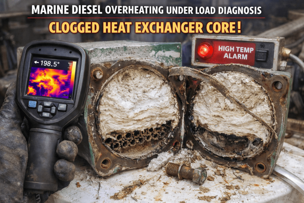 Marine diesel overheating under load diagnosis showing clogged heat exchanger core inspected by trained technician at 805 Marine Diesel Mechanic Ventura Channel Islands Harbor