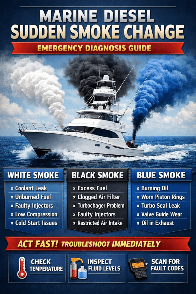 Marine diesel engine producing sudden heavy smoke during operation diagnosed by trained technician at 805 Marine Diesel Mechanic Ventura Channel Islands Harbor emergency troubleshooting