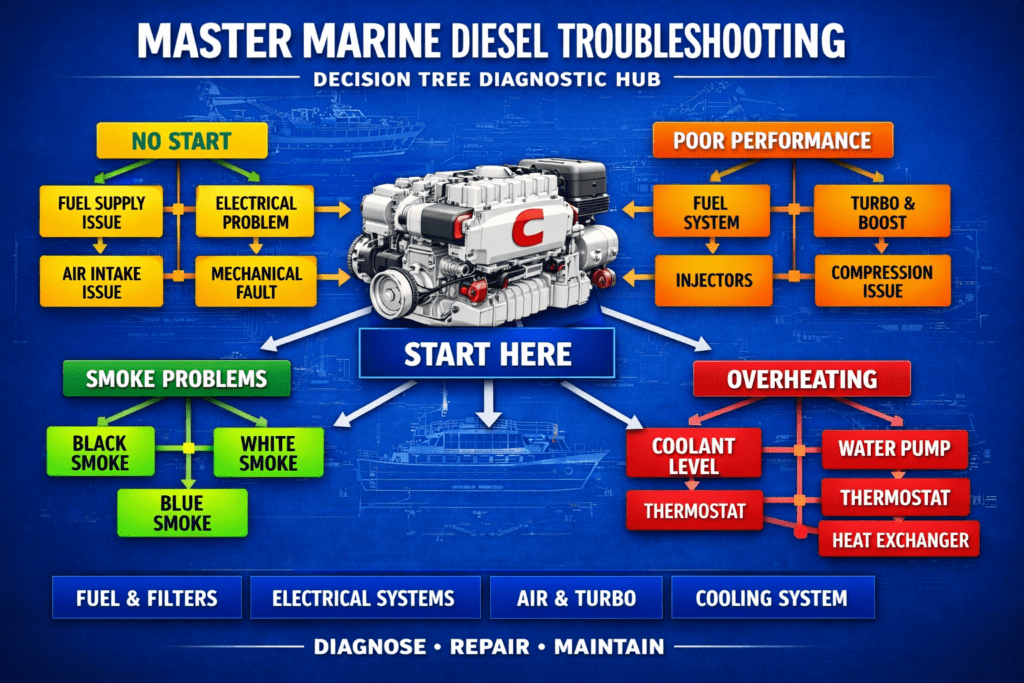 Master marine diesel troubleshooting decision tree diagnostic hub showing no start, overheating, smoke problems, and performance diagnosis — 805 Marine Diesel Mechanic Ventura Channel Islands Harbor