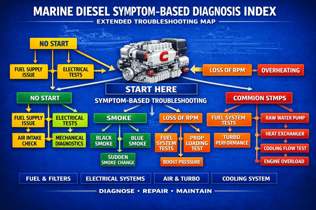 Marine diesel symptom-based diagnosis index infographic showing troubleshooting decision tree including no-start issues, smoke diagnosis, overheating, fuel system problems, turbo performance, and cooling system diagnostics — created by 805 Marine Diesel Mechanic.