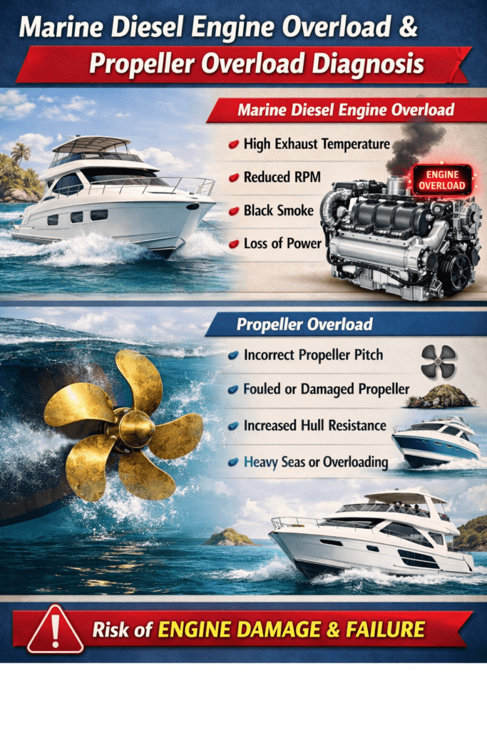 Marine diesel engine performance diagnosis during sea trial showing overload and propeller performance testing by trained technician at 805 Marine Diesel Mechanic Ventura Channel Islands Harbor