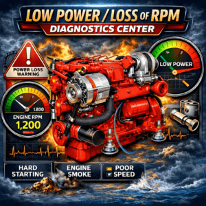 Low Power Loss of RPM Diagnostics Center marine diesel engine troubleshooting illustration showing RPM gauges and diagnostic indicators used by 805 Marine Diesel Mechanic