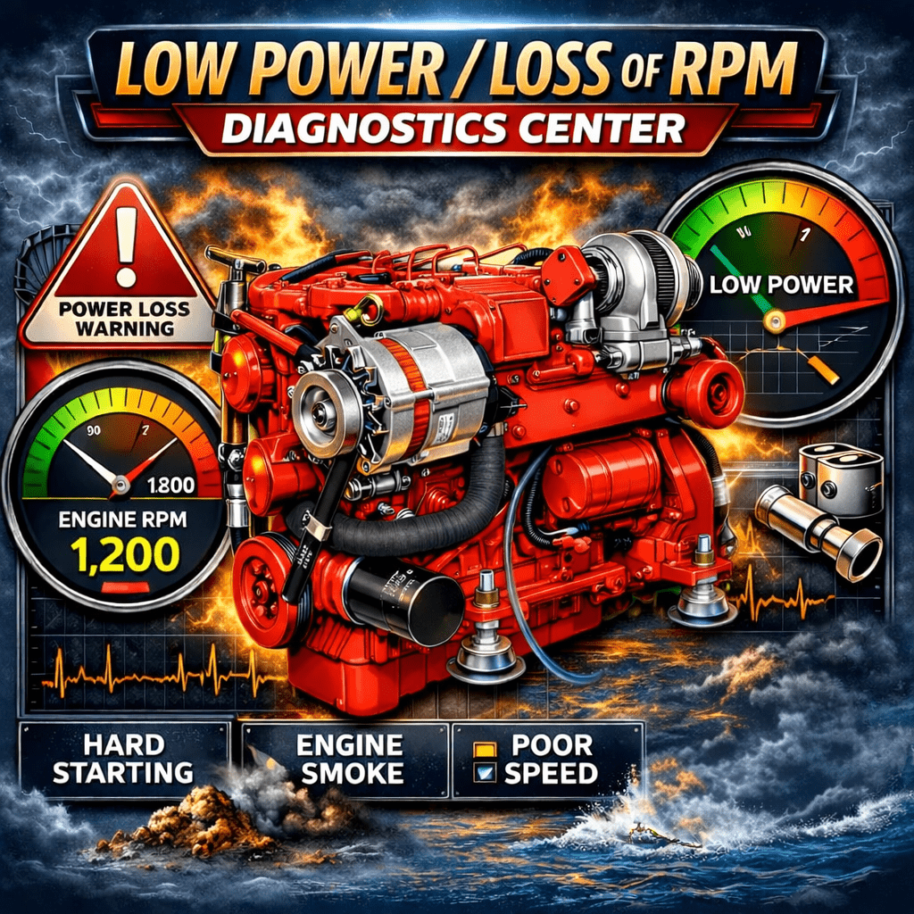 Low Power Loss of RPM Diagnostics Center marine diesel engine troubleshooting illustration showing RPM gauges and diagnostic indicators used by 805 Marine Diesel Mechanic