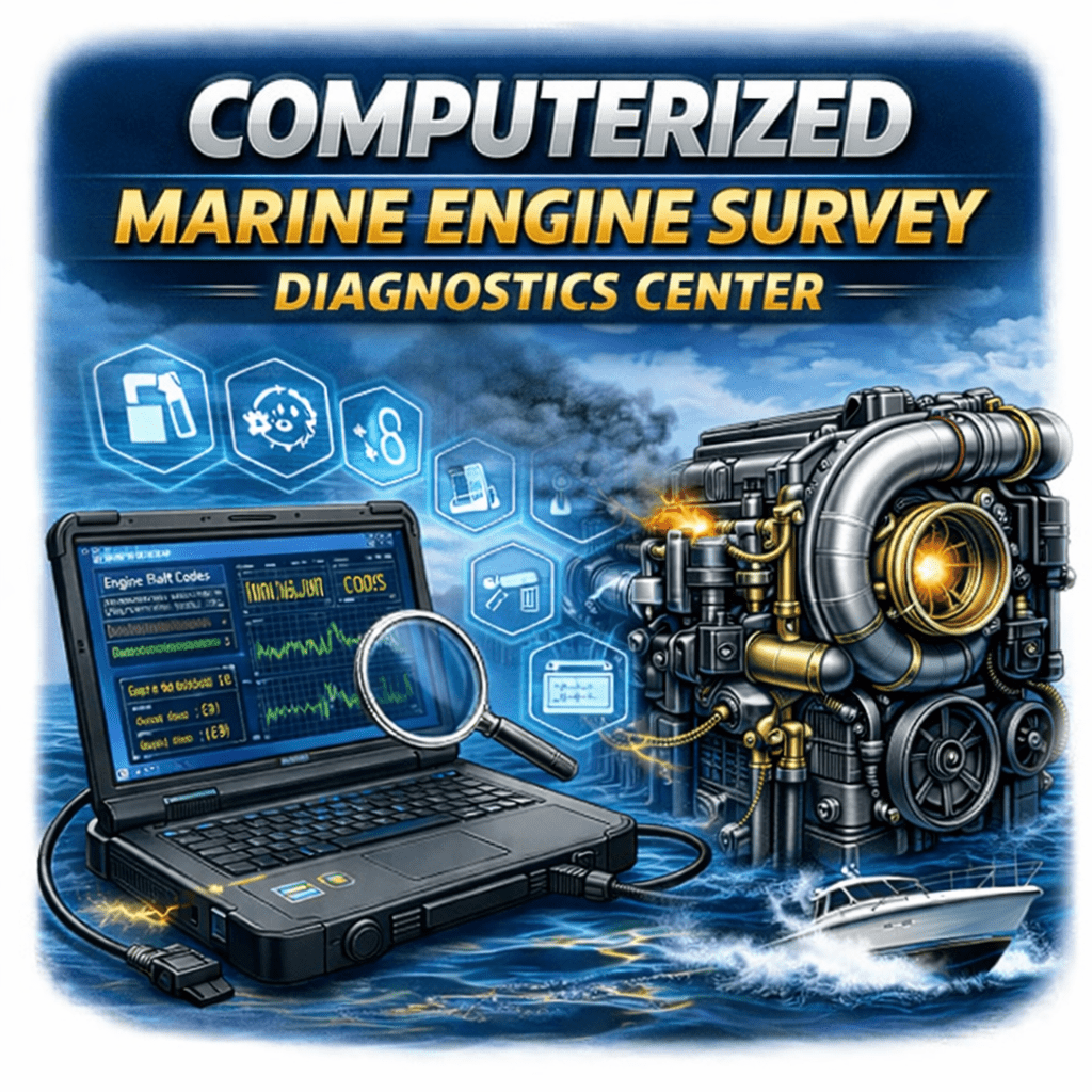 Computerized marine diesel engine survey diagnostics center showing laptop scan tool and turbocharged inboard diesel diagnostics for fault codes, live data, and sea trial testing — 805 Marine Diesel Mechanic Ventura Oxnard Channel Islands Harbor Santa Barbara