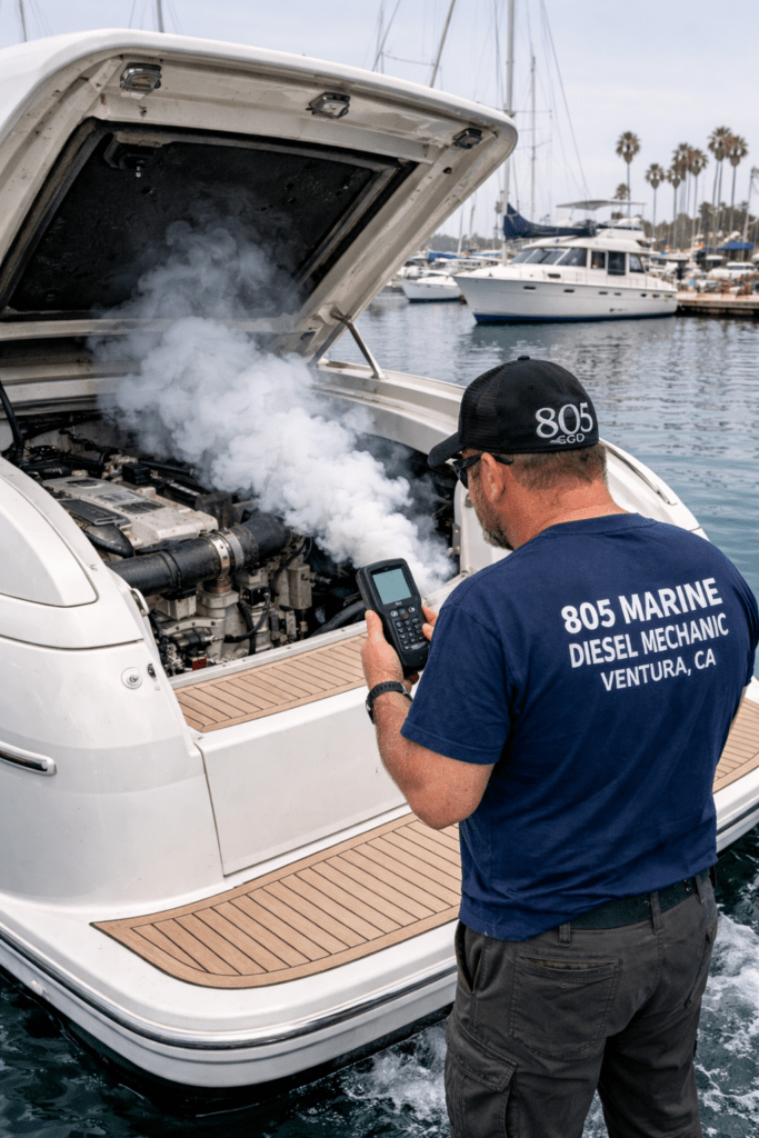 Marine diesel smoke and combustion diagnosis showing white smoke at startup inspected by trained technician at 805 Marine Diesel Mechanic Ventura Channel Islands Harbor
