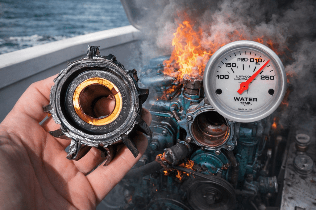 Marine diesel seawater pump impeller destroyed causing overheating diagnosed by trained technician at 805 Marine Diesel Mechanic Ventura Channel Islands Harbor