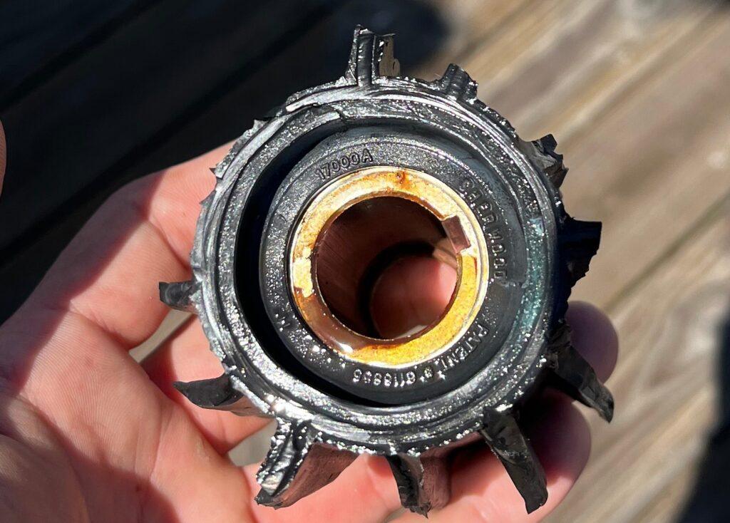 Destroyed marine diesel seawater pump impeller causing overheating at idle diagnosis by trained technician at 805 Marine Diesel Mechanic