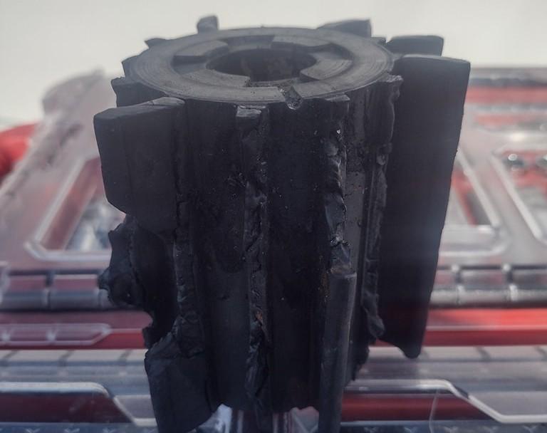 Severely damaged seawater pump impeller causing marine engine raw water flow problems and overheating diagnosed by trained technician at 805 Marine Diesel Mechanic