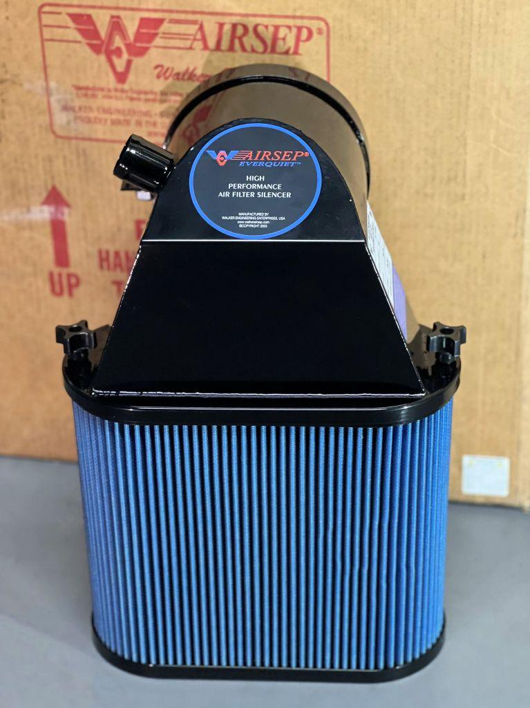 Walker AirSep filter assembly on Cummins marine diesel engine used to diagnose air restriction and black smoke under throttle serviced by 805 Marine Diesel Mechanic