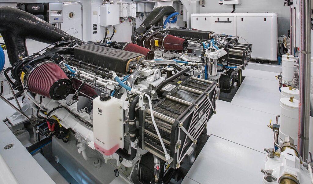 Marine engine room with Caterpillar engines inspected for power loss and performance troubleshooting by trained technician at 805 Marine Diesel Mechanic Ventura CA