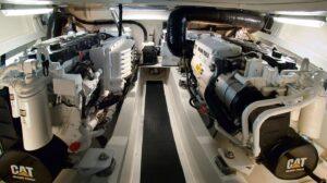Twin Caterpillar marine diesel engines in yacht engine room diagnosed for overheating at cruise RPM by 805 Marine Diesel Mechanic in Ventura California