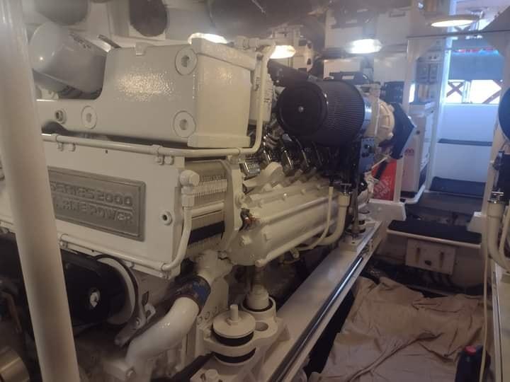 Low power marine diesel diagnostic image showing turbocharger fuel filters and engine room inspection by 805 Marine Diesel Mechanic for loss of RPM under load
