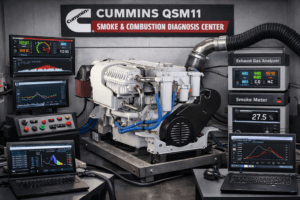 Cummins QSM11 marine diesel smoke and combustion diagnostic testing with exhaust analyzer equipment inspected by 805 Marine Diesel Mechanic Ventura Channel Islands Harbor