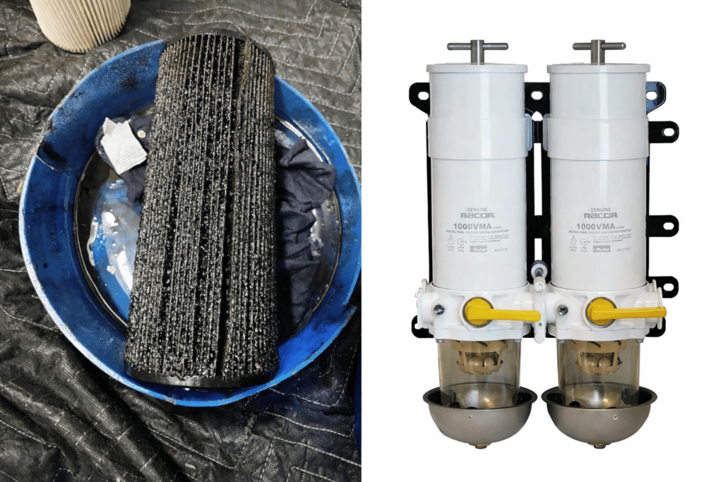 marine diesel fuel contamination clogged fuel filter compared to new Racor filtration system serviced by 805 Marine Diesel Mechanic Ventura Channel Islands Harbor
