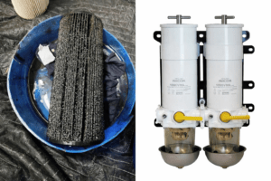 marine diesel fuel contamination clogged fuel filter compared to new Racor filtration system serviced by 805 Marine Diesel Mechanic Ventura Channel Islands Harbor