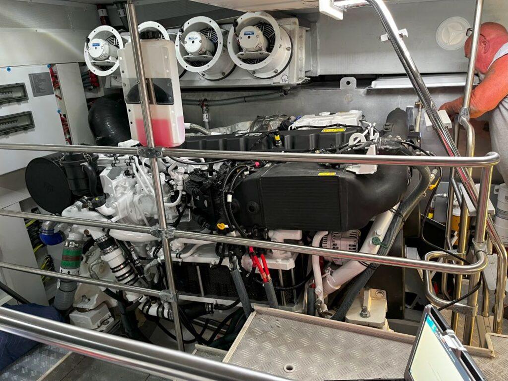 Caterpillar marine diesel engine survey inspection aboard yacht during pre-purchase evaluation in Ventura Harbor California