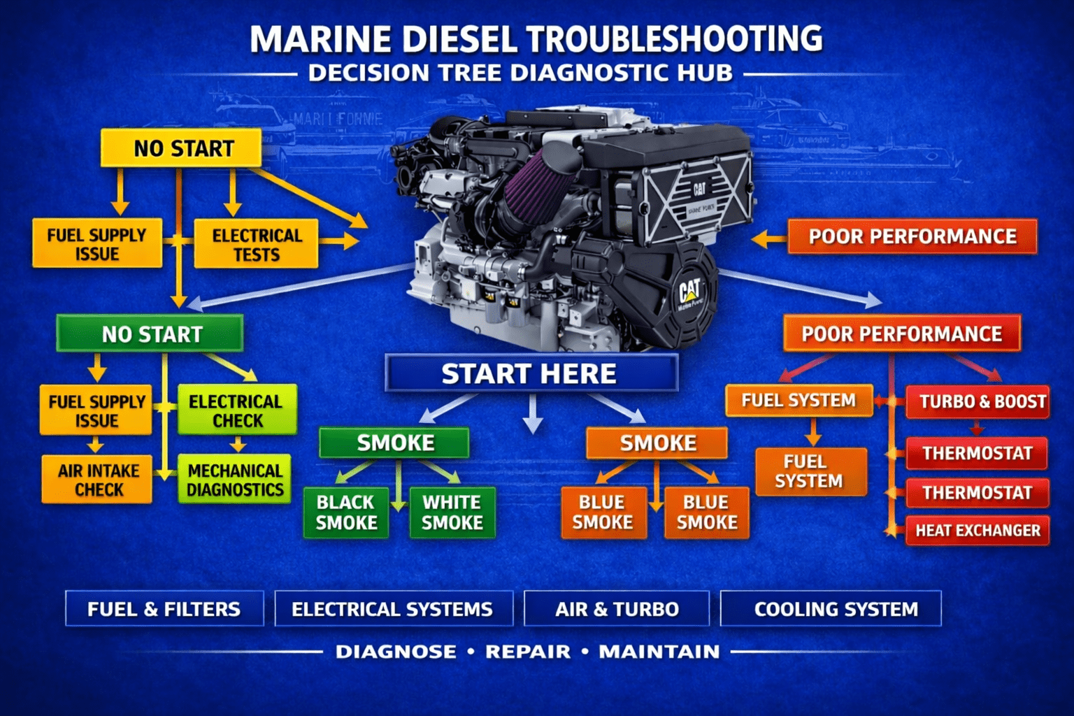 Marine diesel troubleshooting decision tree infographic showing no start, fuel system issues, electrical tests, smoke diagnosis (black, white, blue), and poor performance causes on Caterpillar marine engine serviced by 805 Marine Diesel Mechanic in Ventura, Oxnard, Channel Islands Harbor, and Santa Barbara