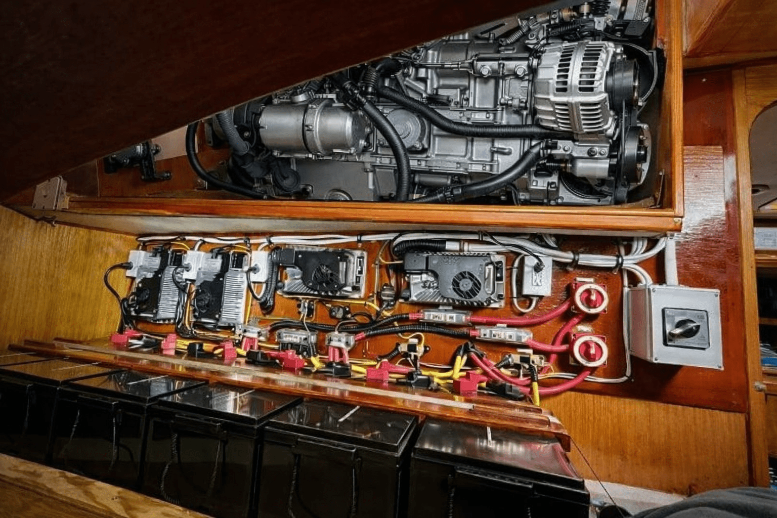 Marine diesel no-start diagnostic image showing battery cables starter motor and electrical connections inspected by 805 Marine Diesel Mechanic on inboard diesel boat engine