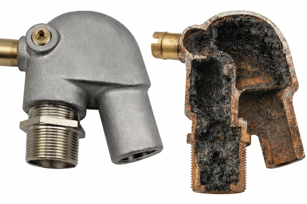 New vs clogged marine diesel mixing elbow showing carbon and salt buildup causing overheating serviced by 805 Marine Diesel Mechanic Ventura California