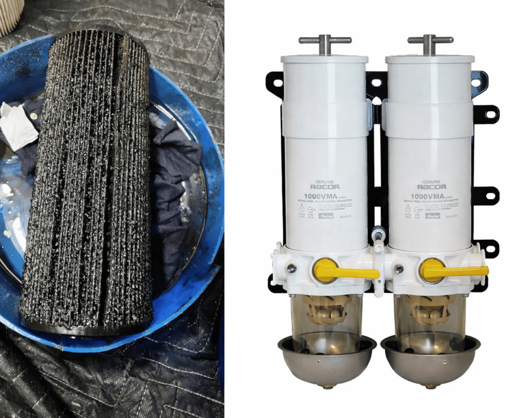 Contaminated marine diesel fuel filter next to new dual Racor 1000VMA fuel water separator system installed by 805 Marine Diesel Mechanic in Ventura California