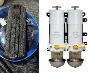 Cummins marine diesel Racor fuel filter contamination showing clogged fuel filter element and marine diesel filtration system inspected by 805 Marine Diesel Mechanic Ventura Channel Islands Harbor