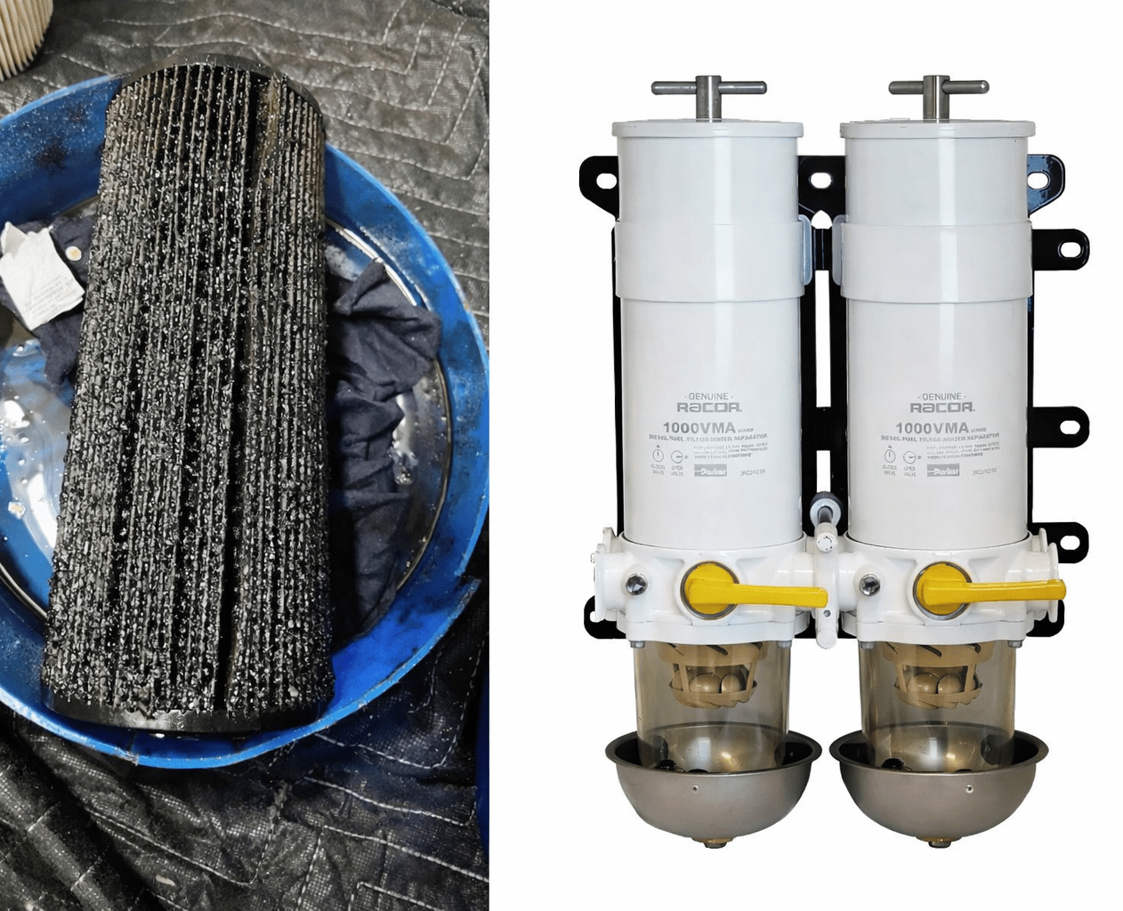 Fuel contamination diagnostic image showing Racor bowl diesel filtration manifold and signs of water or debris inspected by 805 Marine Diesel Mechanic