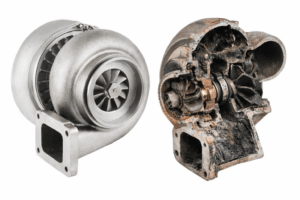 New and failed marine diesel turbocharger comparison showing yacht engine turbo failure diagnosed by 805 Marine Diesel Mechanic in Ventura California