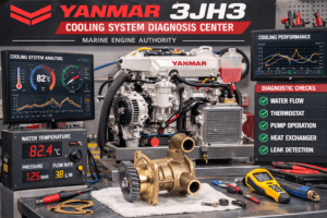 Yanmar 3JH3 marine diesel cooling system diagnostic testing including seawater pump heat exchanger and temperature monitoring by 805 Marine Diesel Mechanic Ventura Channel Islands Harbor