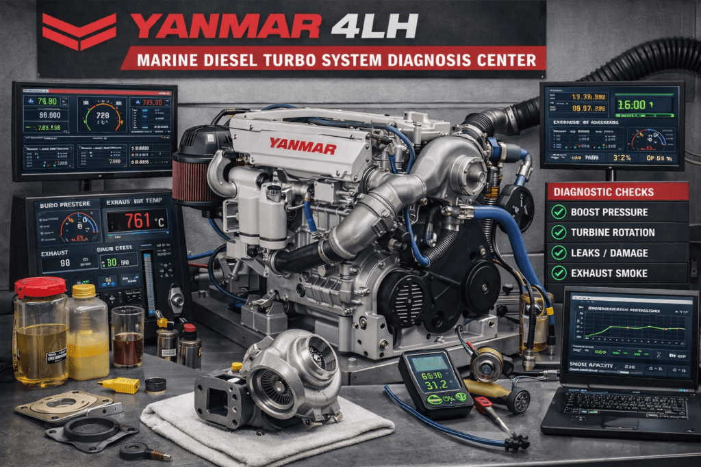 Yanmar 4LH marine diesel turbocharger diagnostic testing including boost pressure monitoring and turbo inspection by 805 Marine Diesel Mechanic Ventura Channel Islands Harbor