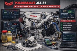 Yanmar 4LH marine diesel turbocharger diagnostic testing including boost pressure monitoring and turbo inspection by 805 Marine Diesel Mechanic Ventura Channel Islands Harbor