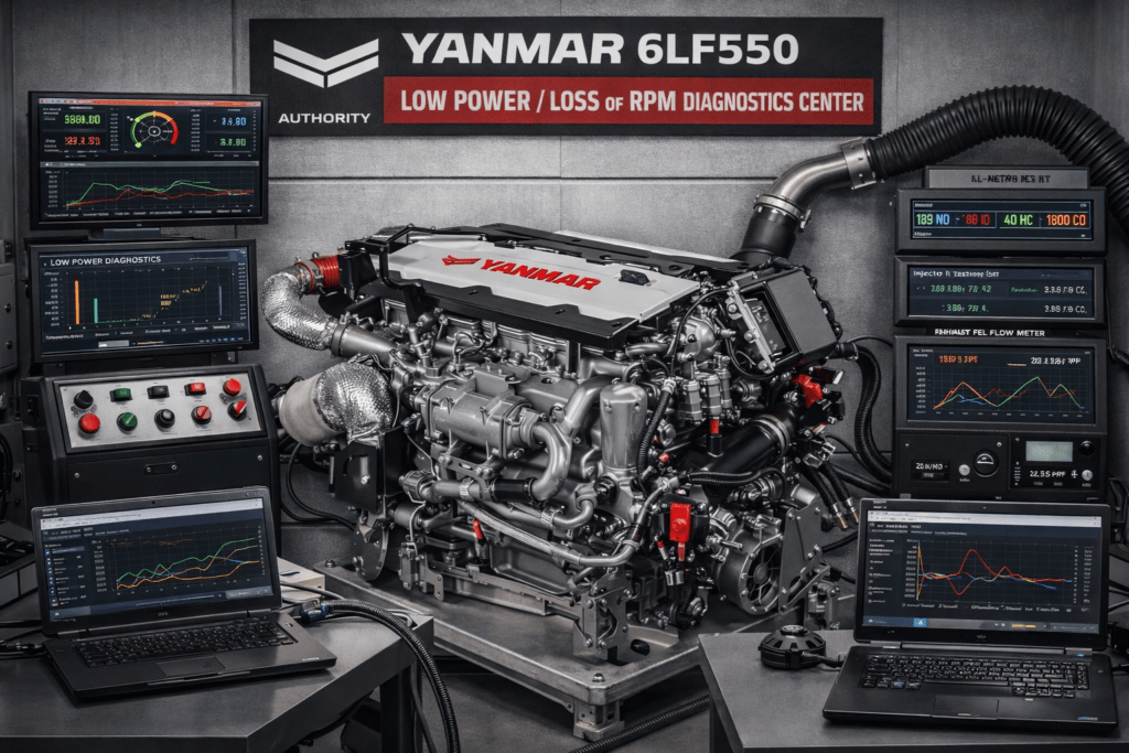 Yanmar 6LF550 marine diesel engine undergoing low power and RPM loss diagnostics by 805 Marine Diesel Mechanic Ventura Channel Islands Harbor