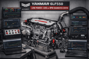 Yanmar 6LF550 marine diesel engine undergoing low power and RPM loss diagnostics by 805 Marine Diesel Mechanic Ventura Channel Islands Harbor